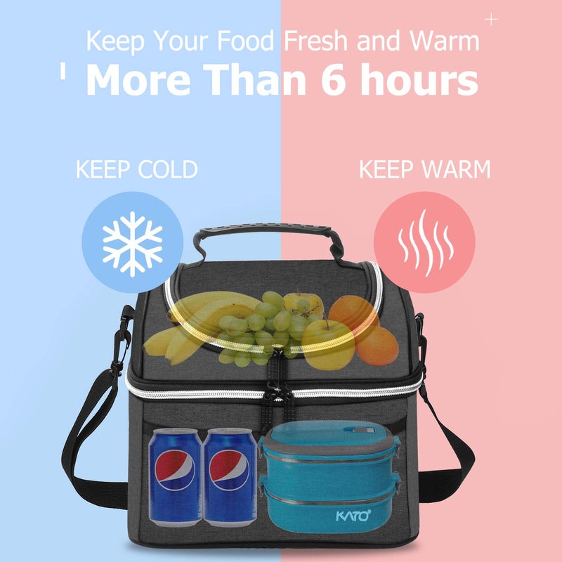 Tirrinia Insulated Lunch Bag  Leakproof Thermal Bento Lunch Box Tote for Women  Men  Adults Work Office Cooler Bag  2 Compartment  Black - Image 2